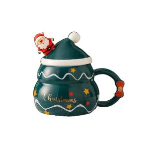 HCHC MALL Snowman/Christmas Tree/Santa Claus Santa Claus Water Cup Ceramic 480ml Christmas Ceramic Cup Large-capacity with Lid and Spoon New Year