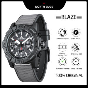 NORTH EDGE Solar Powered Tactical Men’s Watch Zinc Alloy Case Luminous Hands Outdoor Sports Watch 50M Waterproof Three Chronograph Subdials 180-Day Battery Life BLAZE Watch For Men