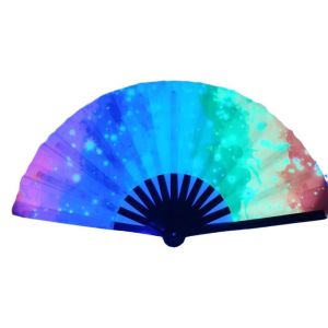 GOXBERK Colorful Large Folded Hand Fan Folding Fans with Lights Rainbow Folding Fan Light Up Hand Fan Large Foldable Handheld Rave Fan Decoration
