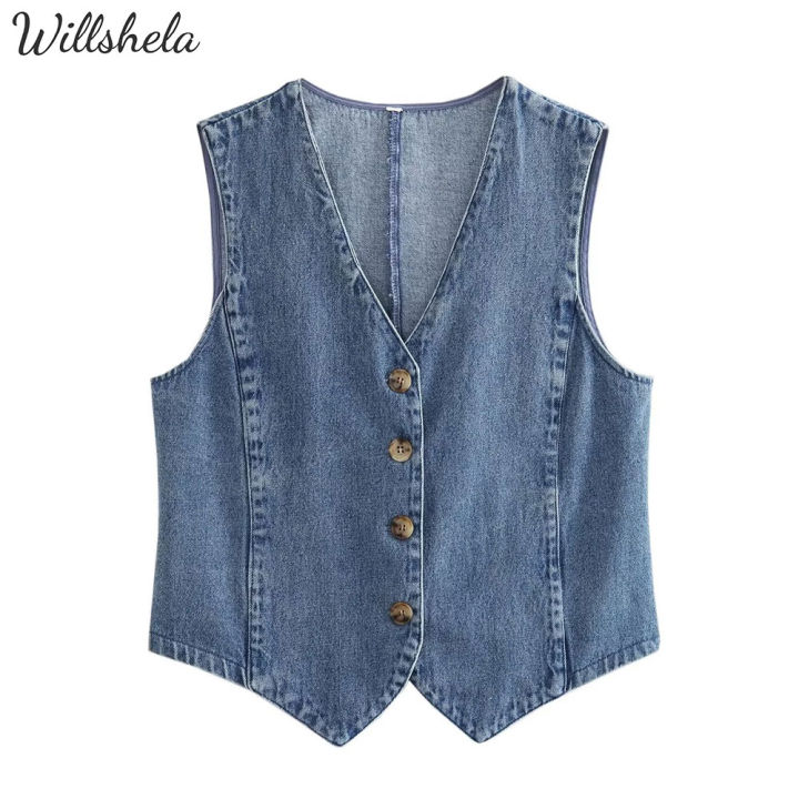 Willshela Women Fashion Denim Blue V-Neck Vest Sleeveless Single