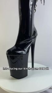 European American 15CM High Heel Over-the-Knee Boots Black Patent Leather Back Lace-Up Stretch Winter Night Height Increasing