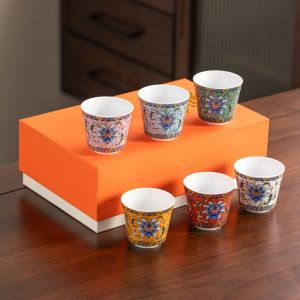 FIRST SONG 6pcs/set Flower Tea Cup Chinese Style 70ml Enamel Cup Teaware Vintage Ceramic Cup Tea Ceremony