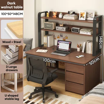 NAIJIA Solid Wood Computer Table 100/120/140CM Computer Table With Drawer Meja Belajar Writing Student Study Desk Modern Home Office Table Brown Jadual belajar 办公桌