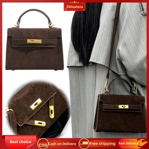 [Chinatera Malll] Women Faux Suede Top Handle Bag Solid Color Underarm Purse for Travel Work