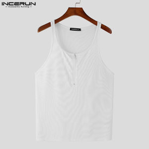INCERUN Mens Sport Fitness Muscle Knit Vests Stylish O-Neck Half-Zip Design Skinny Tanks (Western Style) #241009