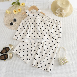 Menoea Baby Girls Summer New Clothes Sets 4 To 7 Years Kids Fashion Hanging Neck Sleeveless Tops and Dots Wide Leg Pants 2 Pieces Suits Girls Casual Clothing Wear