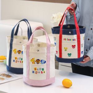 OSSMAX Mickey Embroidery Bear Canvas Bag Letter Cartoon Pattern Lunch Bag Portable Tote Bag Handheld Bucket Bag Student