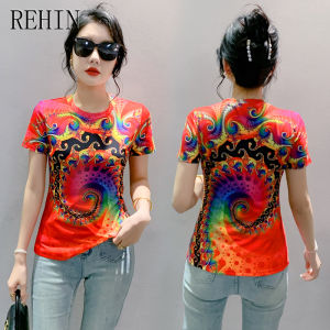 REHIN Summer new fashion unique pattern printing short-sleeved T-shirt round collar elegant womens top