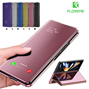 FLOVEME Plating Mirror Clear View Folding Phone Case For Samsung Galaxy Z Fold 5 Fold 4 Fold 3 Fold 2 5G PU Leather Flip Stand Shell Full Protection Anti-fall Shockproof Back Cover For Galaxy Z Fold 5 4 3 2