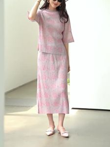 (Only Skirt) Miyake Women Pleated Skirt Fold Floral Printing and Dyeing Temperament Commute Side Slit Casual #10097