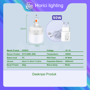HORICI Lampu Darurat LED 30W/50W IP66 Rechargeable dengan Baterai 18650 + Charger