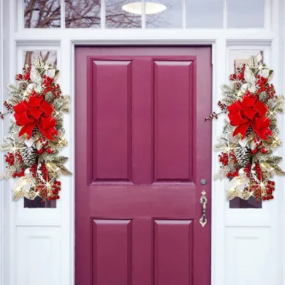 Christmas Door Swag Red Berries Color Balls Bowknot Pinecone Realistic Scene Layout Plastic Xmas Stair Wreath Garland Pendant for Party