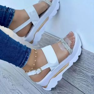[Free Shipping] New Spring/Summer Womens Large Size Casual Wedge Heel Thick-Soled Buckle Rhinestone Strap Roman Sandals