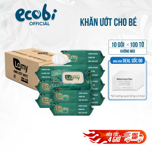 Thùng 10 gói khăn ướt Lamy 100 tờ không cồn không parabens cao cấp tiện lợi không mùi