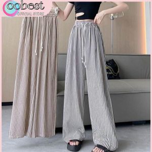 oobest Striped casual elastic waistband drawstring Wide-Leg Suit Pants High-Waisted Pleated Straight-Leg Pants and Floor-Length Long Pants