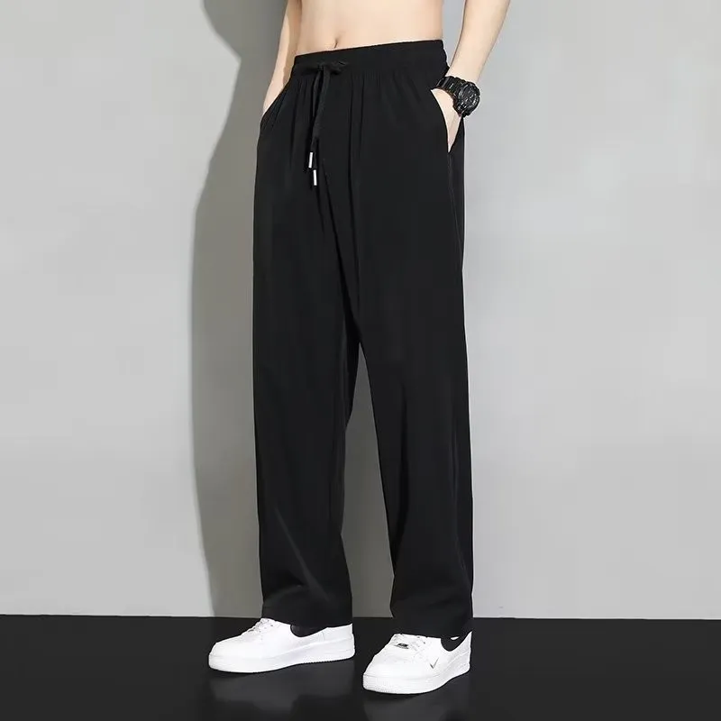 M-5XL Men's Plain Ice Silk Straight Wide-leg Elastic Waistband Pants Summer  Original Fashion Loose Thin Jogging Pants Plus Size Running Sweatpants