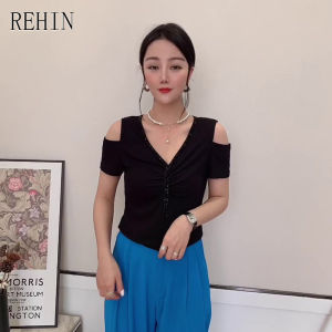 REHIN เสื้อยืดแขนสั้นคอวีของผู้หญิงเสื้อเบลาส์เปิดไหล่ทรงสลิมฟิตทนทานลายฉลุ