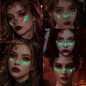 LIDIP 6 Sheets Long Lasting Fluorescence Halloween Makeup Stickers Body Art Waterproof Freckle Tatto Stickers Pumpkin Cartoon Bloodstain Blush Stickers Adults Children Use