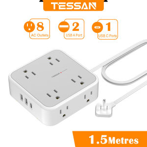 TESSAN  1.5m 3m 4.5 meter Extension Cord Heavy Duty Flat Plug Power Strip 900J Surge Protector Socket Power Extension Outlets 8AC Outlets 2 USB Ports 1 USB C