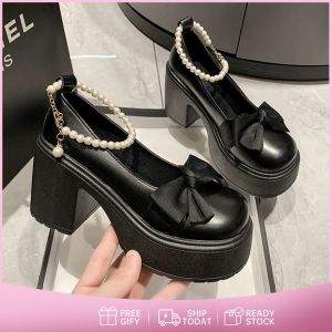 รองเท้าส้นสูง Mary Jane สไตล์เกาหลี ประดับโซ่ไข่มุก ส้นสูง 9cm งานฝีมือประณีต โบว์ผูกหนังสุดสวย