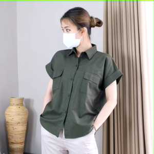 Irina Linen Pocket Shirt Pendek - Kemeja Lengan Pendek Wanita - Baju Atasan Oversize Kancing Hidup