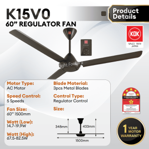 KDK K15V0 60" 3 Blades AC Motor Ceiling Fan with 5 Speeds Control K15VO-PBR Regulator Type Celling Fan Kipas Siling