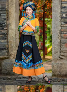 2024High Quality Chinese Minority Female Ethnic Style Dance Performance Costumes   Black Slim Clothing Performance Attire Long Skirt