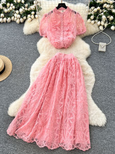 French Womens Summer Outfit High-End Lace Ruffled Puff Sleeves Embroidered Top High-Waist Flared Skirt Set