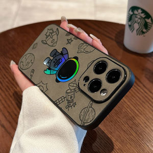 CrashStar Laser Cute Astronaut Embossed Leather Hard Shockproof Phone Case For iPhone 16 15 14 13 12 11 Pro Max XS XR X 8 + 7 Plus Fashion Black Phone Casing Cover With Full Cover Lens Camera Protection Hot Sale