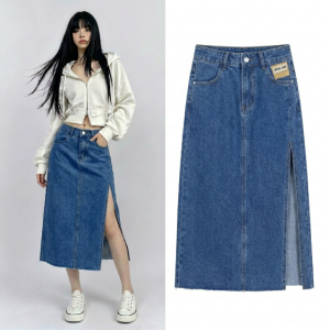 Women High Waist Denim Skirt Split Mid Trendy High Waist Denim Skirt With Slit For Women Available 3 Colors Denim blue and Black Blue Size 25-32 A-line Skirt