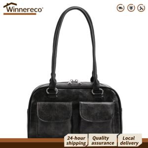 [Winnereco Flagship Mall] Women Chic Hobo Bag Double Pocket PU Small Casual Handbag Solid Color Simple Commuting Bag Large Capacity Retro Handbag