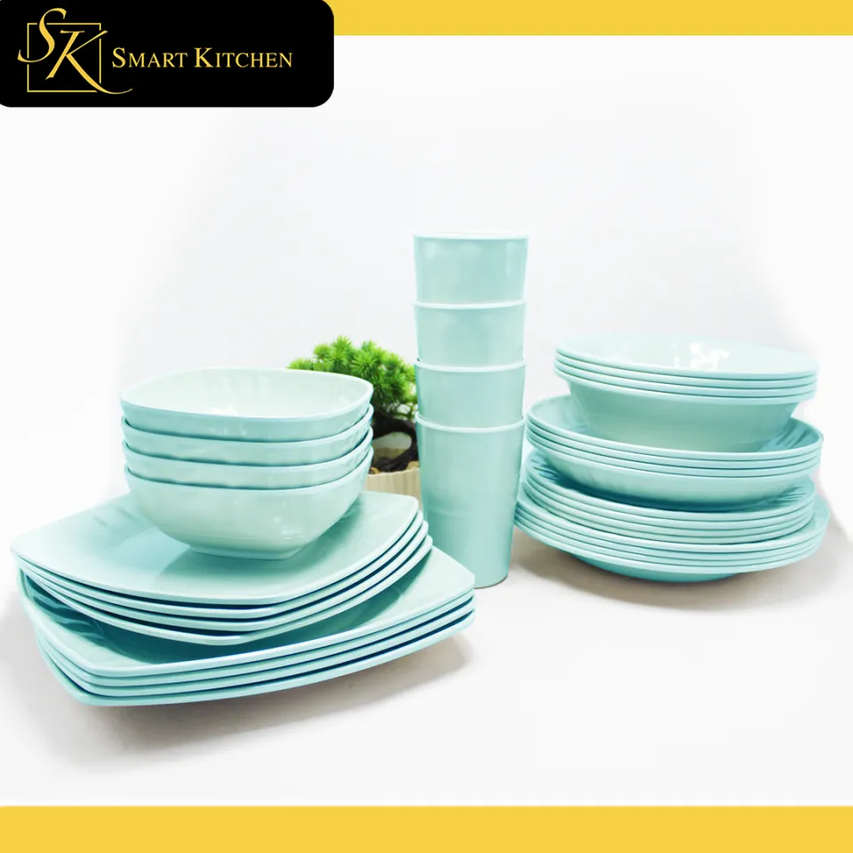 4pcs set Aqua Blue Plain Melamine Plates, Bowl, Cup Dinnerware