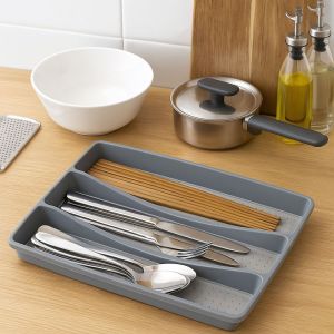 SKJK Non-Slip Utensil Organizer Tray Space-Saving 3 Compartments Kitchen Drawer Organizer Forks Spoon Storage Tray Household Flatware Organizer Kitchen Drawers