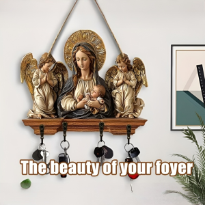 Wooden Multifunctional Home Key Holder Wooden Keys Holder with Jesus Communion Theme Religious Christian Home Decor Wall Mount Multifunctional Organizer with Hooks