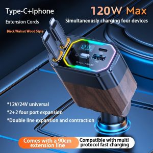 Yashinuo 4 In 1 Car Fast Charger 120W Car Charger Fast Charging Car Charger Socket Outlet Multiple Socket High Quality for Cellphone Car Accessories Charger with Voltmeter Type C Iphone 4 USB Port Charger Outlet 180° Rotation Retractable Universal
