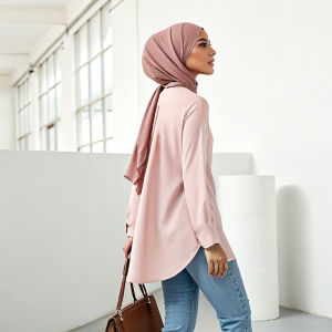 Plus Size Curve Asymmetrical Hem Cutting Blouse Long Sleeve Muslimah Fashion Premium Casual Quick Dry Women 38-120kg Plain Round Neck Simple Sport Tops Shirt