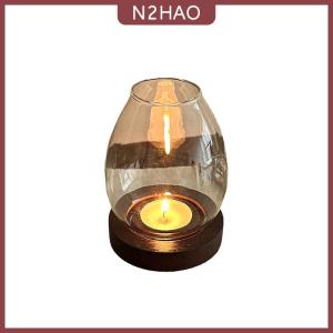 N2HAO  Thủy tinh chân nến với cup bìa trong suốt vòng nến chủ sở hữu trang trí nội thất với gỗ cơ sở Bảng trang trí đồ trang trí đám cưới