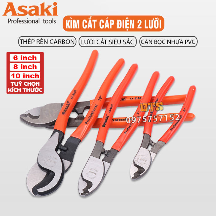 Kìm cắt cáp điện đa năng 2 trong 1 chính hãng Asaki JAPAN STD, kìm cắt cáp 2 lưỡi kỹ thuật đủ kích thước 6 inch 8 inch 10 inch, kềm cắt cáp điện đầu lớn, đầu bé, cắt áp đồng, cáp nhôm, kìm tuốt dây điện, kềm cắt dây