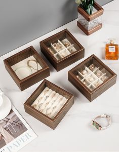 Shopclassyshop mini Cute Jewelry display box walnut grain jewelry box flip-top ring stud earrings jewelry box glass with lid storage box