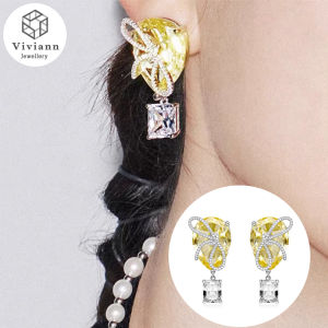 Viviann Hot Air Balloon Design Yellow Zircon Bow High Carbon Diamond Luxury Delicate Earrings Fashion Silver Color Jewelry Vintage Double Stud Earrings For Women