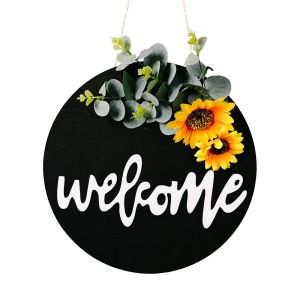 KJ57K Sunflower Wooden Welcome Sign 30cm Grid Bowknot Wall Art Garlands Round Shape Hanging Decoration Front Door