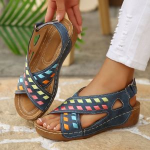 [Free Shipping] Thick-Soled Sandals For Women Toe-Post Design Wedge Heel Colorful Patchwork Single-Strap Sandals Hot-Selling Summer New Style