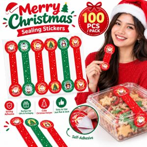 100Pcs Christmas Sealing Stickers Merry Christmas Bakery Cake Box Packaging Labels Long Strip Self Adhesive Stickers for Cookies Cupcakes Dessert Boxes Gift Bags Home Bakers Small Business