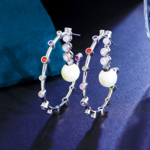 Sequito Chất Lượng Cao Màu Vàng mạ Vàng Paved Thiết Nhiều Màu CZ Zirocnia Đá Thả Ngọc Trai Lớn vòng tròn Bông Tai Tinh Tế Hàng Ngày trang SỨC TIỆC Cho Womens Thời Trang Se831