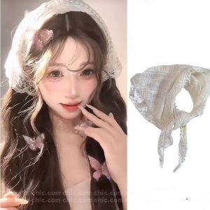 French Pastoral Style Lace Floral Headscarf Women Turban Head Kerchief Floral Hair Bandana Triangle Headwear Hair Scarves