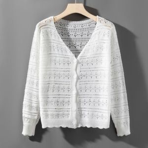 JUTBONG Hollow Out Knitted Cardigan Thin V-Neck Outwear  Long Sleeve Sun-Proof Tops Women