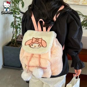 Sanrio Plush Backpack Women Kawaii Hello Kitty Kuromi Mymelody Cinnamoroll Large Capacity Schoolbag Cartoon Cute Girl Travel Bag