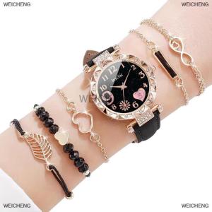 [COD] WEICHENG 6pcs set Womens Watch Casual Flower Quartz Watch PU Leather Wrist Watch Bracelets Combination Set Jewelry Gift For Women Girl