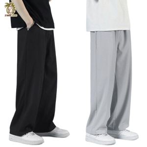 Z1BEE 【 M-5XL】 Loose Casual Wide Leg Sweatpants Ice Silk Mens Solid Color Running Pants Large Size Black Gray