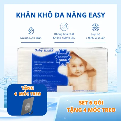 Lốc 6 gói Khăn khô đa năng 300 tờ + Tặng 2 móc treo vải trơn mềm mại sạch sẽ -An toàn tuyệt đối cho trẻ sơ sinh.